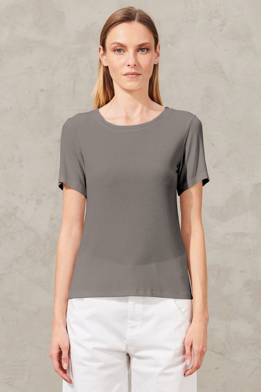 Donna - Primavera Estate Transit | T-Shirt Slim Fit In Costina Di Modal Stretch. Georgette Di Viscosa Su Girocollo E Fondo Manica