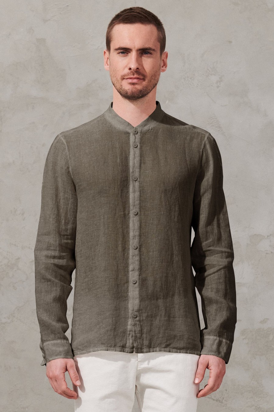 Uomo - Primavera Estate Transit | Camicia Collo Alla Coreana Regular-Fit In Lino Con Inserti In Maglia Di Lino